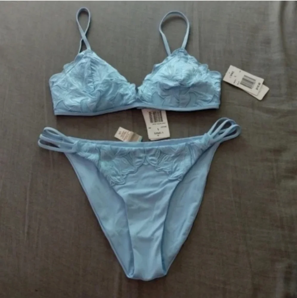 L*Space Jean Top Claude Bottoms Bikini Blue Full Set Satin